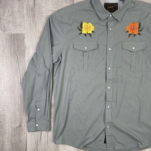 Howler Bros Gaucho Snapshirt Mens XL Green Floral Embroidery Western Vented P - Picture 2 of 9